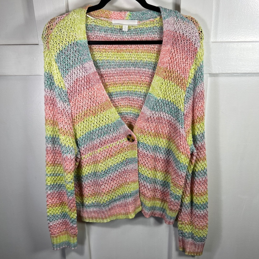 Allyson Parker XL Multi Color Striped Open Knit Button Front Cardigan Sweater